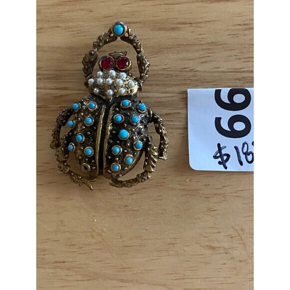 Vintage Beetle Brooch Pin With Turquoise & Pearl Accents - Picture 3 of 4